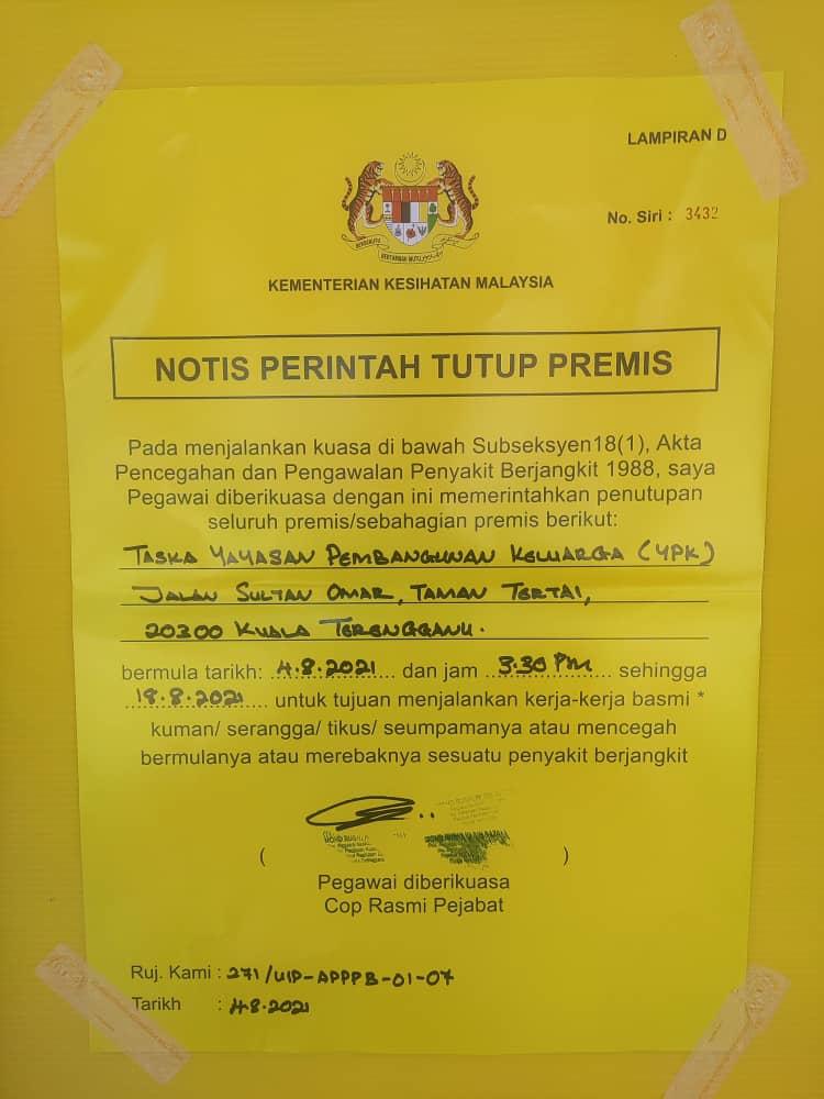 Lima Kakitangan Positif COVID-19, Taska Permata Keluarga Kuala Terengganu Ditutup 14 Hari