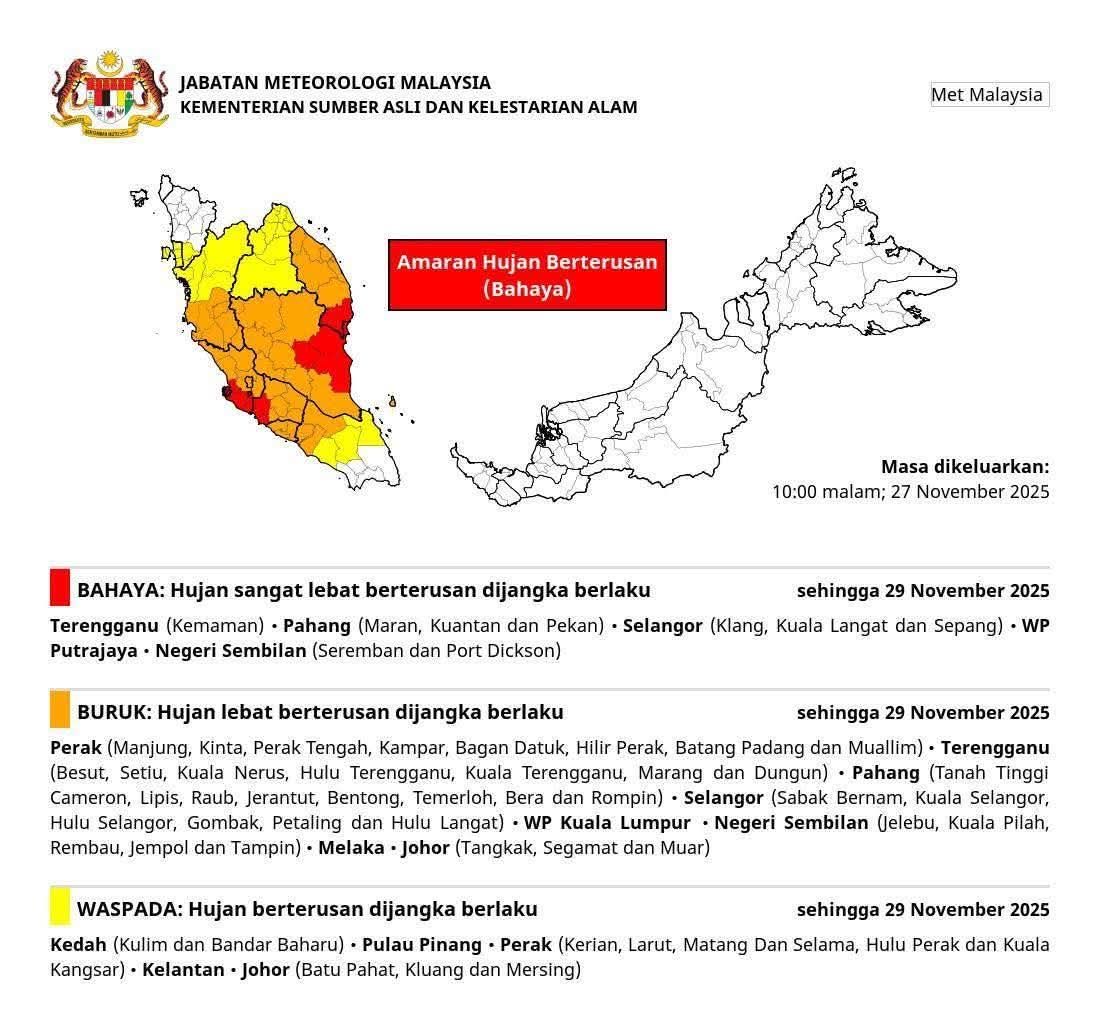 MTL: Jangkaan Hujan Lebat Berterusan, Kemaman Di Zon Merah