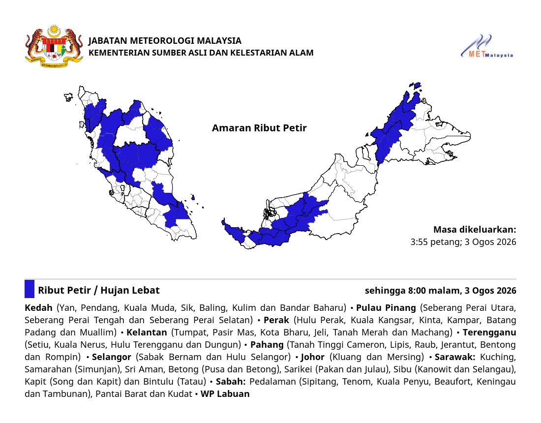METMalaysia Keluar Amaran Ribut Petir, Hujan Lebat Hingga 8 Malam