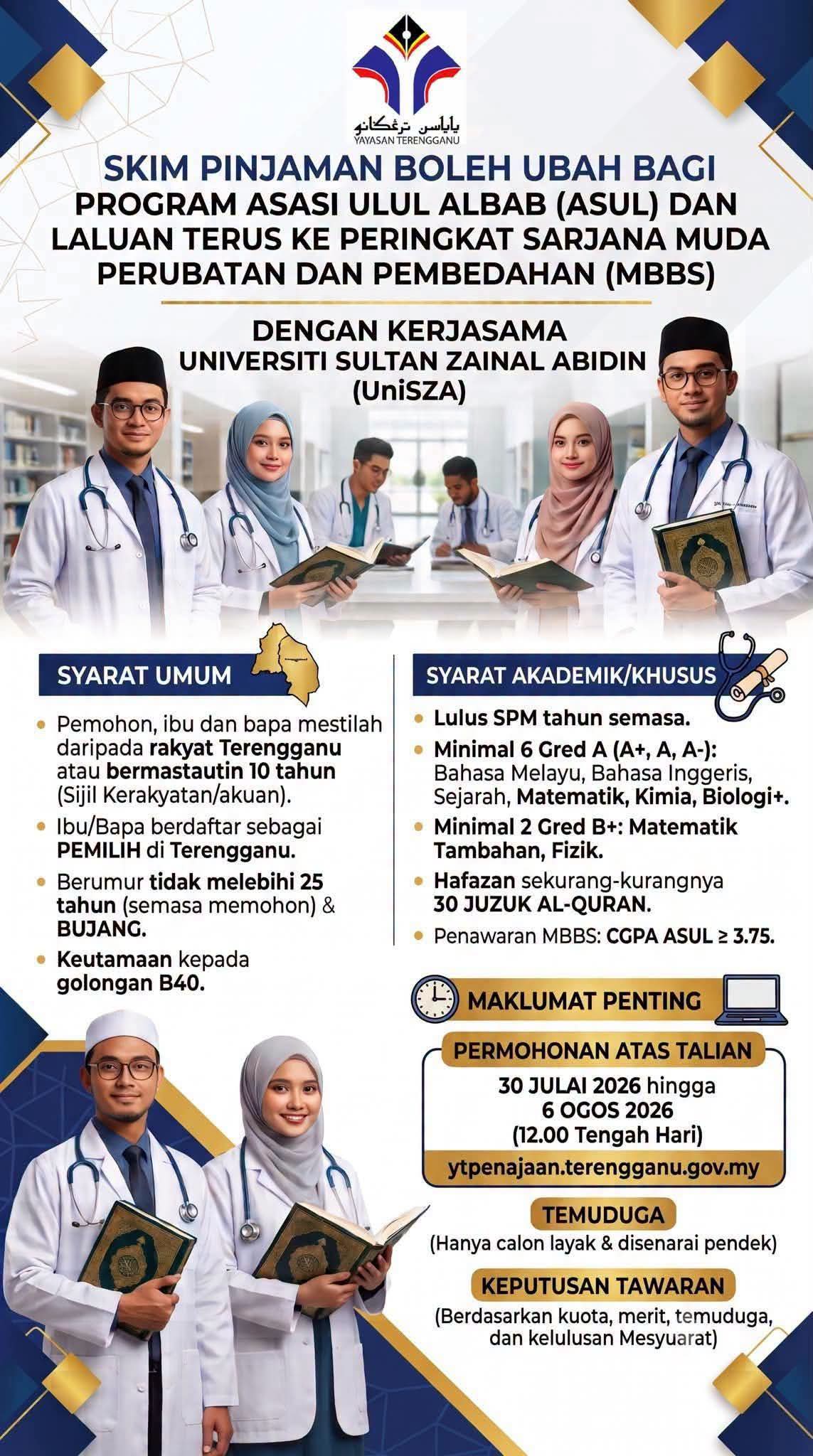 Yayasan Terengganu Buka Permohonan Skim Pinjaman Boleh Ubah ASUL dan Laluan MBBS UniSZA