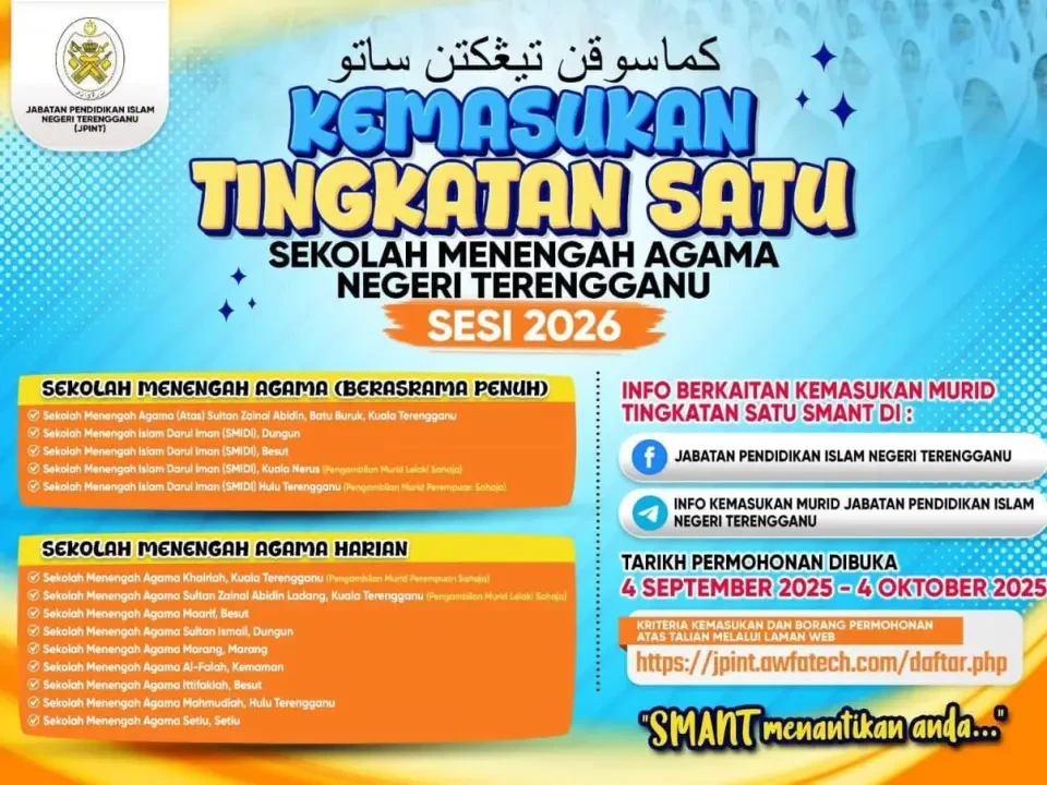 Kemasukan Tingkatan Satu Sekolah Agama Terengganu 2026 Dibuka
