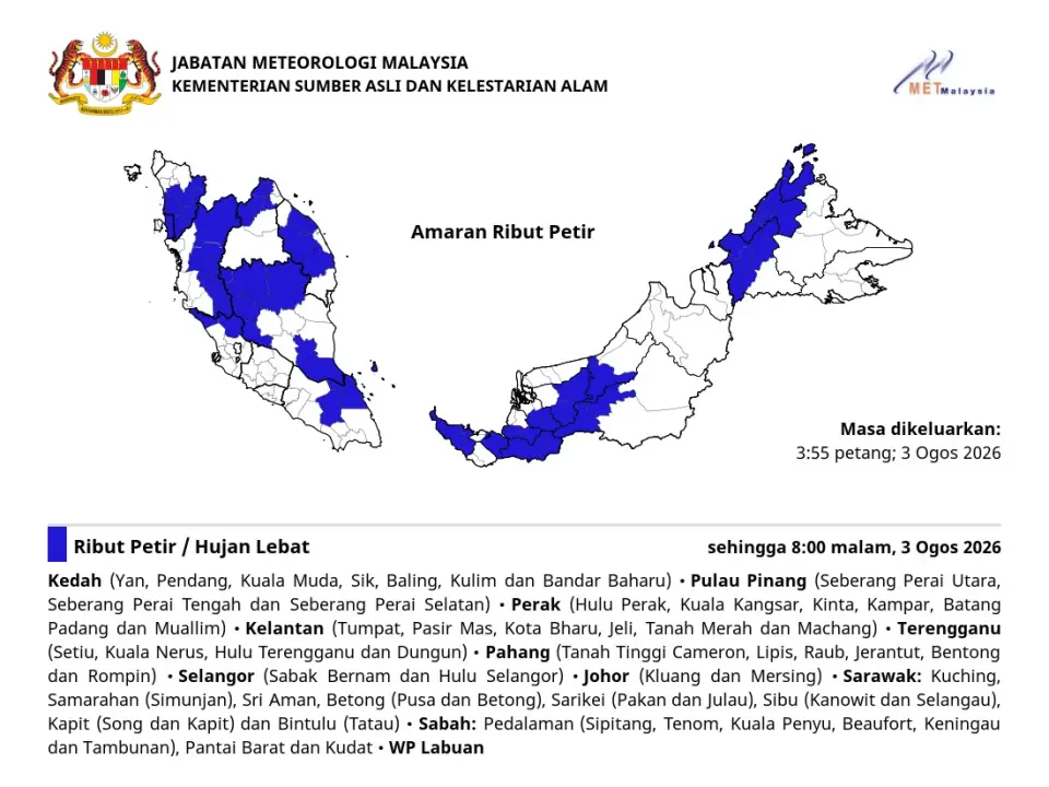 METMalaysia Keluar Amaran Ribut Petir, Hujan Lebat Hingga 8 Malam