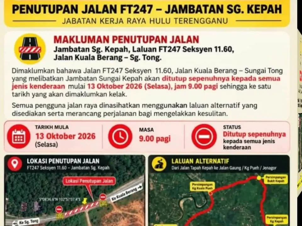 Jambatan Sungai Kepah Ditutup, Pengguna FT247 Perlu Guna Laluan Alternatif